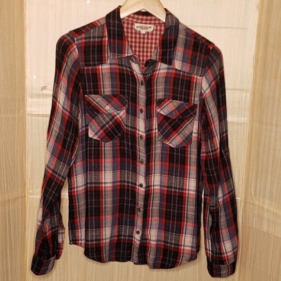 Hydraulic Womens Red White Blue Plaid Americana Button Down Large - Picture 1 of 6